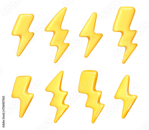 Lightning bolt icon, isolated set of thunderstorm signs. Vector yellow electric charge element, voltage and power. Symbol of quick announcement, warning of danger or energy spark thunderbolt