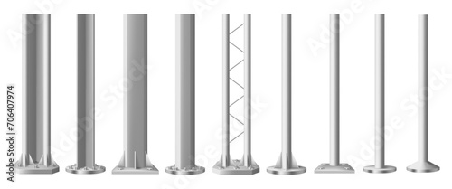 Construction metal pole, isolated detailed steel pipes element. Vector set of building bearing column, vertical pillars for urban and industrial architecture. Base of billboard or streetlight