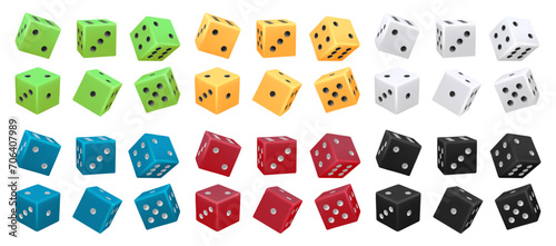 Cubes with random numbers, rolling or throwing dice cube for luck in game or casino. Vector isolated object for playing boardgame or gamble. Win and betting, gaming experience leisure or hobby photo