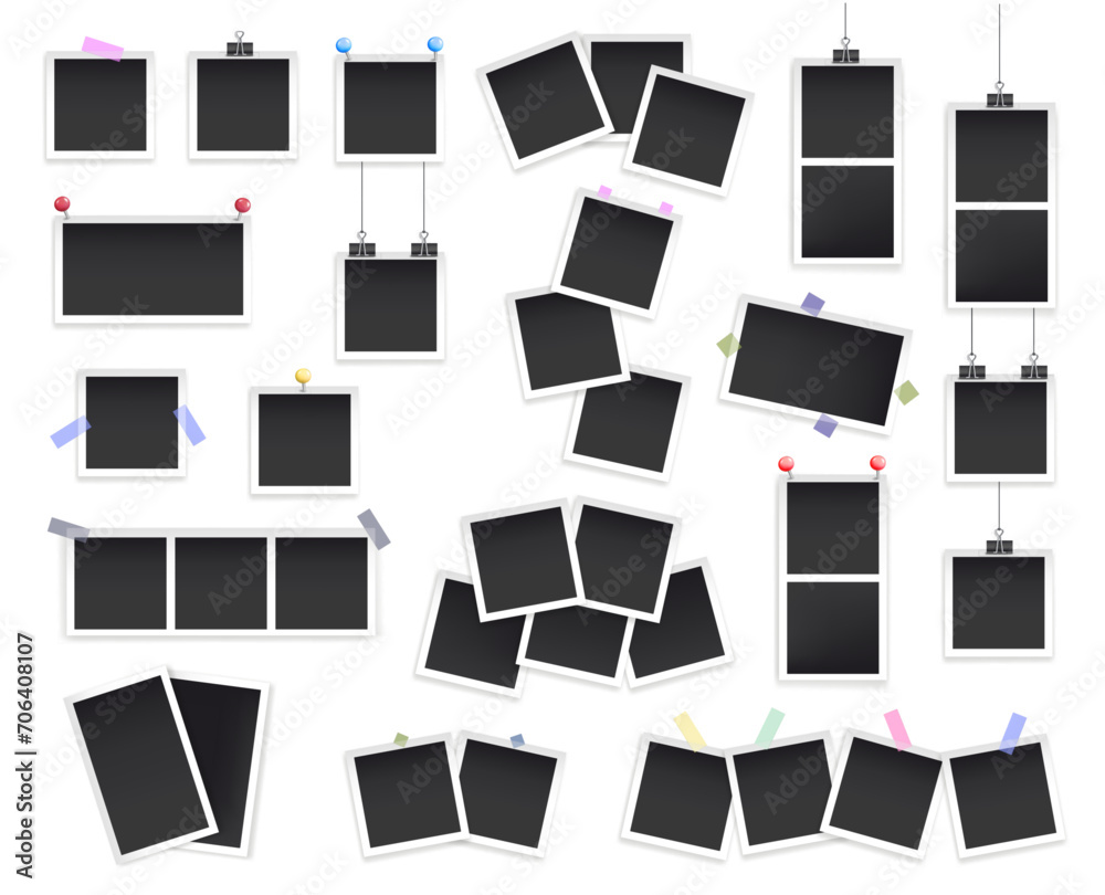 Square photo frame on sticky tape, paper clip binder and pins. Vector isolated empty snapshots, blank instant photography pinned as memory. Paper for album or presentation idea Square photo frame on sticky tape, paper clip binder and pins. Vector isolated empty snapshots, blank instant photography pinned as memory. Paper for album or presentation idea