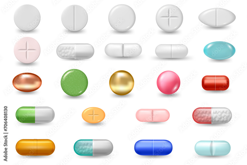 Pills, tablets and medicine drugs, capsules with remedy filler. Vector isolated medical treatment for healthcare and wellbeing, cure for patient. Vitamins and minerals for human body health Pills, tablets and medicine drugs, capsules with remedy filler. Vector isolated medical treatment for healthcare and wellbeing, cure for patient. Vitamins and minerals for human body health