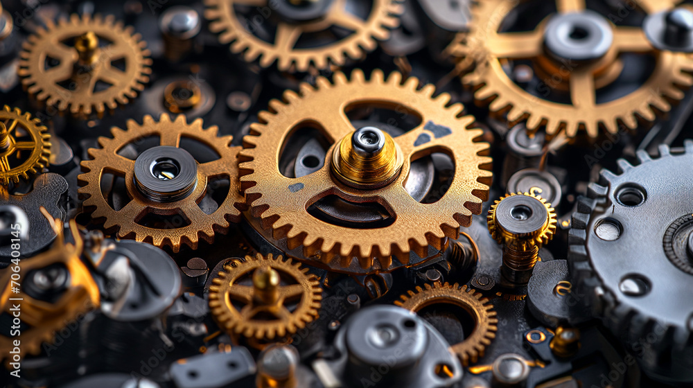 various interlocking gears in gold and silver colors, representing intricate machinery or the inner workings of a complex clock various interlocking gears in gold and silver colors, representing intricate machinery or the inner workings of a complex clock