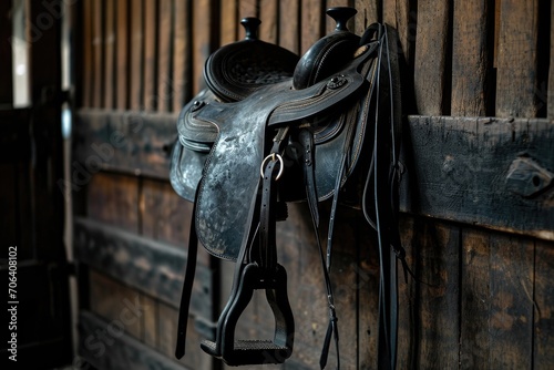 Black leather horse saddle on a dark wooden rack photo