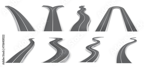 Winding asphalt highway with two lane ways for drivers of vehicles. Vector isolated pathways for traveling, realistic curve roads going into distance. Street for race, bending route with marking photo