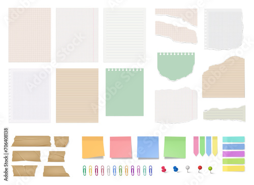 Torn empty notebook pages with uneven edges, isolated sticky notes and memos for important information. Vector isolated adhesive tape and clips, push pins for cardboard, blank bookmarks
