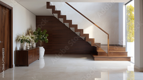 Nature Embrace  Big Potted Tree and Wooden Bench in Minimalist Hallway