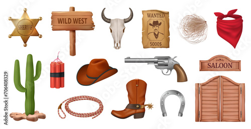 Wild west realistic icons, isolated cowboy character objects for game design. Vector cactus and lasso, hat and boots of sheriff, saloon wooden doors. Wanted picture with criminal, skull of animal photo