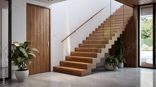 Modern Tranquility  Wooden Staircase and Glass Elements in Entrance Hall