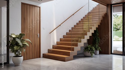 Modern Tranquility: Wooden Staircase and Glass Elements in Entrance Hall