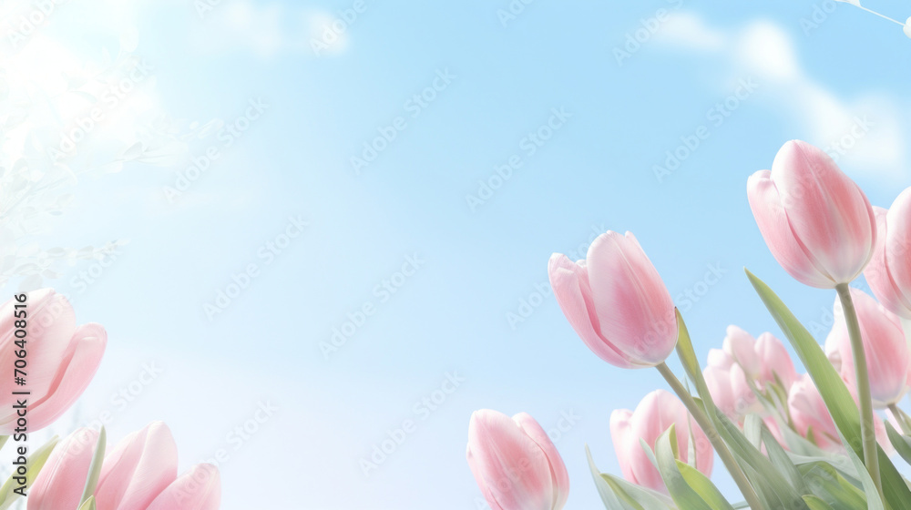 Gentle pink tulips under a clear blue sky, with a soft focus on the fresh spring blossoms. Gentle pink tulips under a clear blue sky, with a soft focus on the fresh spring blossoms.