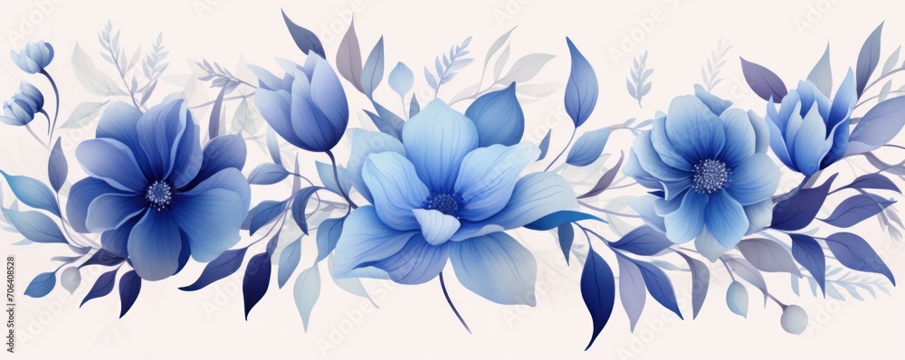 Cobalt blue pastel template of flower designs with leaves and petals