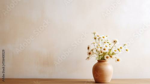 Wallpaper Mural Minimalist Elegance: Beige Clay Vase and Wooden Table in Home Interior Torontodigital.ca