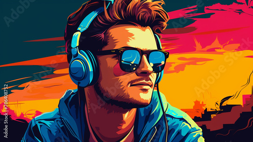 Tunes in Technicolor: Young Man with Sunglasses and Headphones in Retro Pop Art