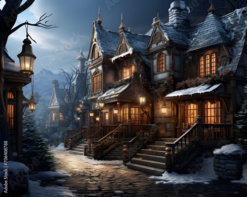 Winter night in the village. Christmas and New Year holiday concept.