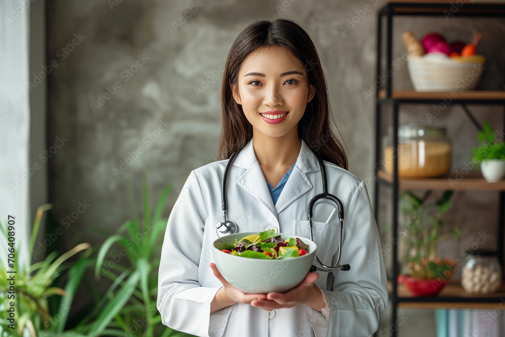 Woman dortor or nutritionist with healthy fruits and vegetables. Proper nutrition and dining concept Woman dortor or nutritionist with healthy fruits and vegetables. Proper nutrition and dining concept