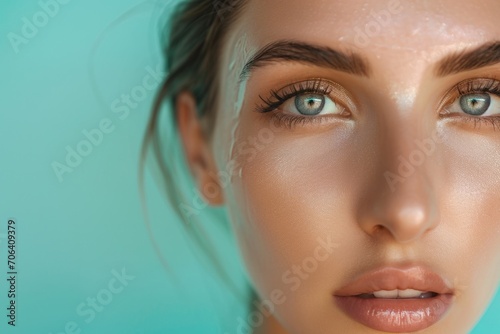 A close-up shot of a woman's face, focusing on her captivating blue eyes. Perfect for beauty, cosmetics, or eye care-related projects