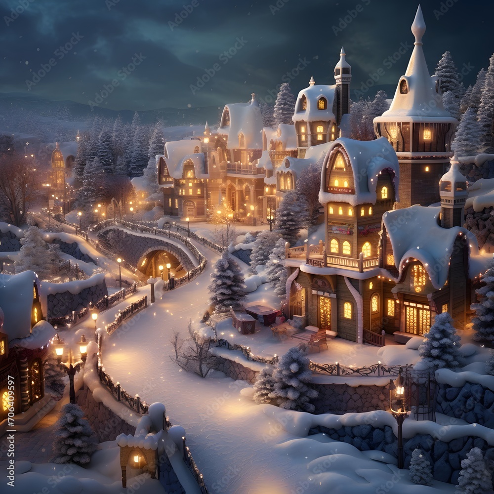 Winter fairy tale town at night with houses and trees covered with snow