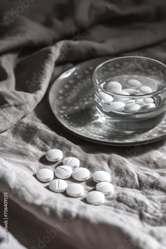Glass bowl filled with pills resting on a bed. Suitable for medical, healthcare, addiction, or mental health concepts