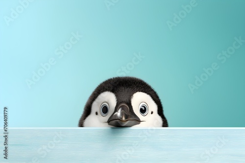 Penguin on blue background. Modern design of animal poster.  photo