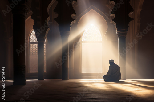 a person praying in the mosque in the sunshine, ramadan background