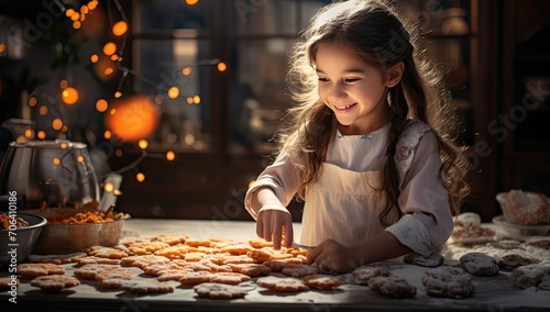 girl with chef s jacket making cookies in kitchen