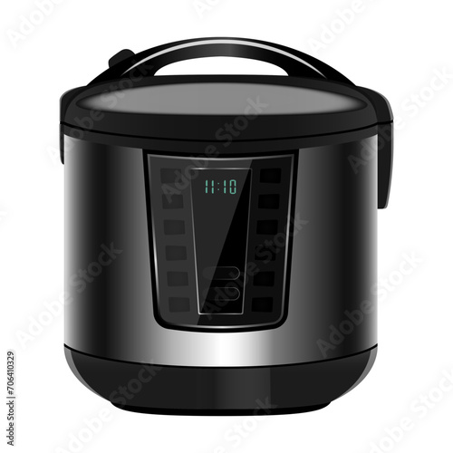Modern metal Multicooker. Pressure cooker for cooking food under pressure. Electronic control. Kitchen household appliance isolated on white background
