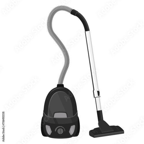 Flat image of house electric vacuum cleaner. Home appliance concept. Domestic hoover icon on white background. Front view. Realistic effect. Element for interior designs. Vector illustration.