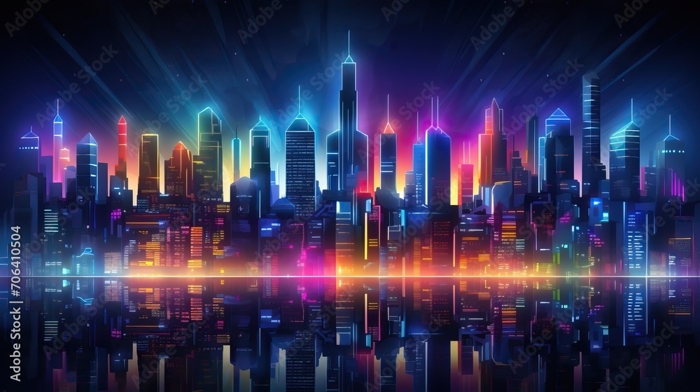 Retro futuristic synthwave retrowave styled night cityscape with sunset on background. Cover or banner template for retro wave music	