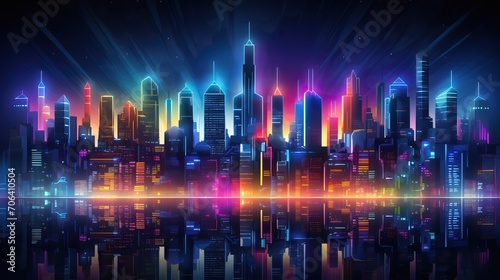 Retro futuristic synthwave retrowave styled night cityscape with sunset on background. Cover or banner template for retro wave music 