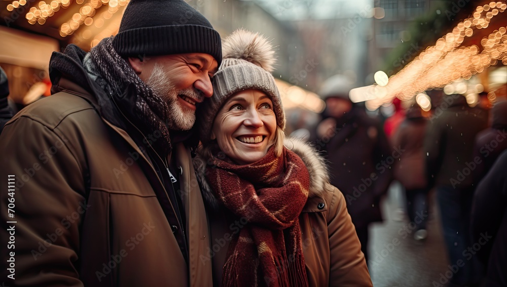 Couple in winter season smiling in front christmas market