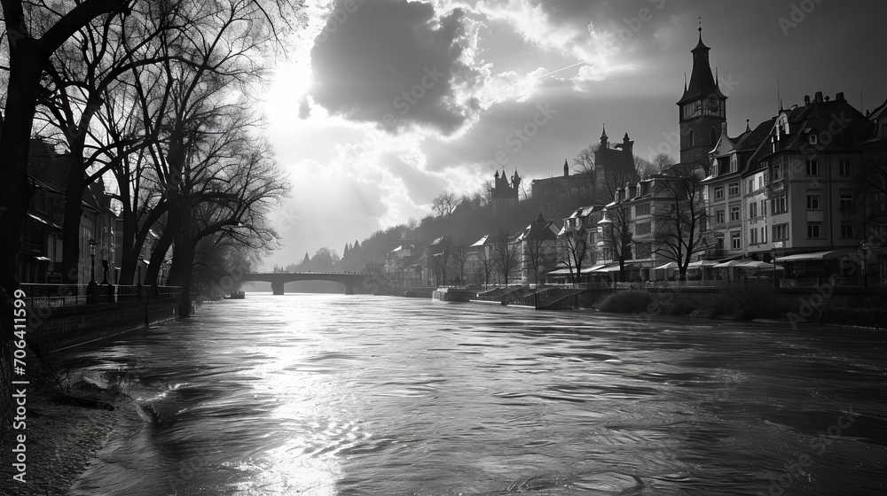 A black and white photograph of a city river with old town architecture and a tower in the background, captured as the sun's rays break through the clouds.