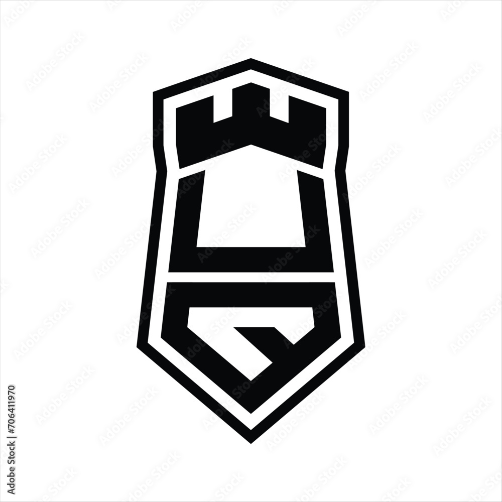 UQ Letter Logo monogram hexagon shield shape up and down with crown castle isolated style design UQ Letter Logo monogram hexagon shield shape up and down with crown castle isolated style design