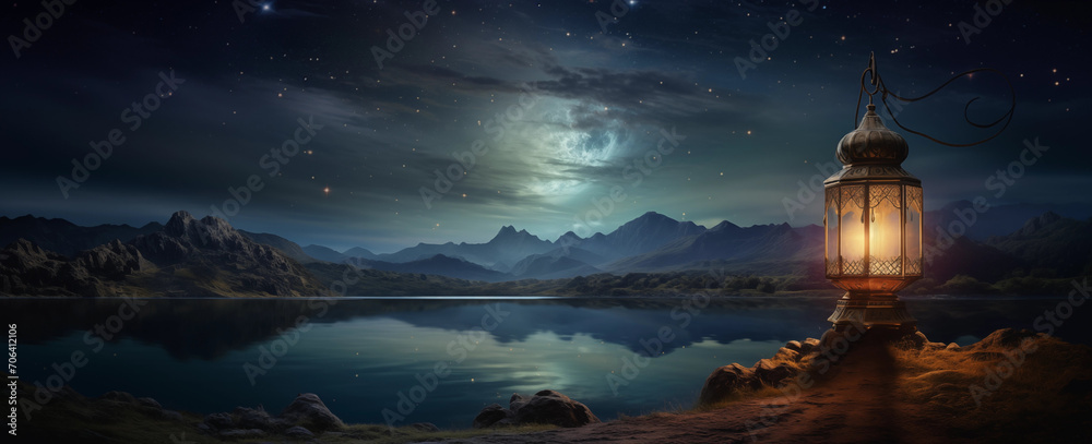 glowing lamp on the lake shore by moonlight banner background