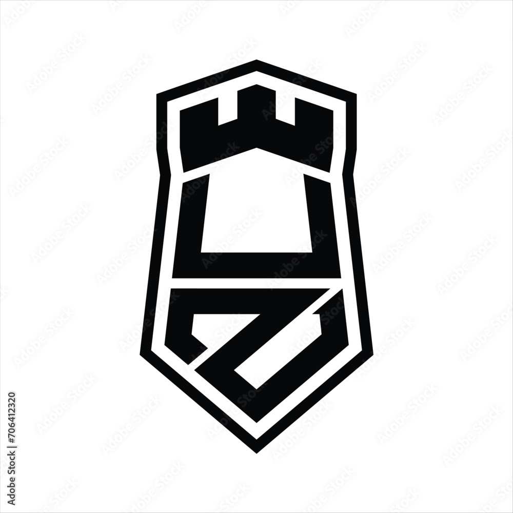 UZ Letter Logo monogram hexagon shield shape up and down with crown castle isolated style design UZ Letter Logo monogram hexagon shield shape up and down with crown castle isolated style design