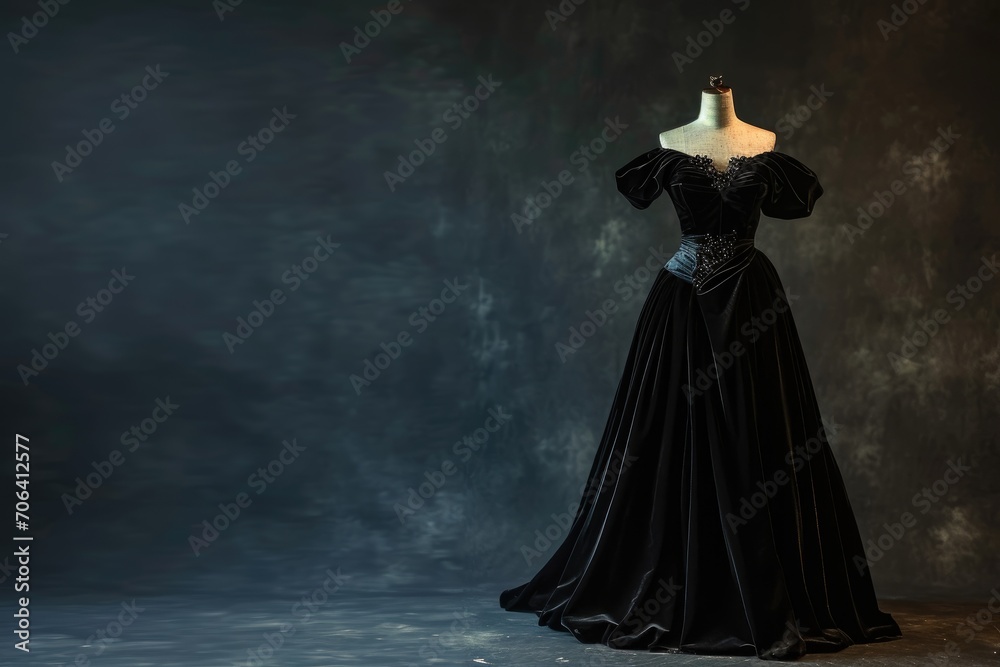 Black velvet evening gown on a dark mannequin