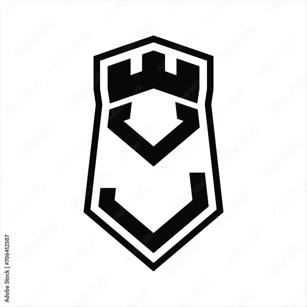 VJ Letter Logo monogram hexagon shield shape up and down with crown castle isolated style design VJ Letter Logo monogram hexagon shield shape up and down with crown castle isolated style design