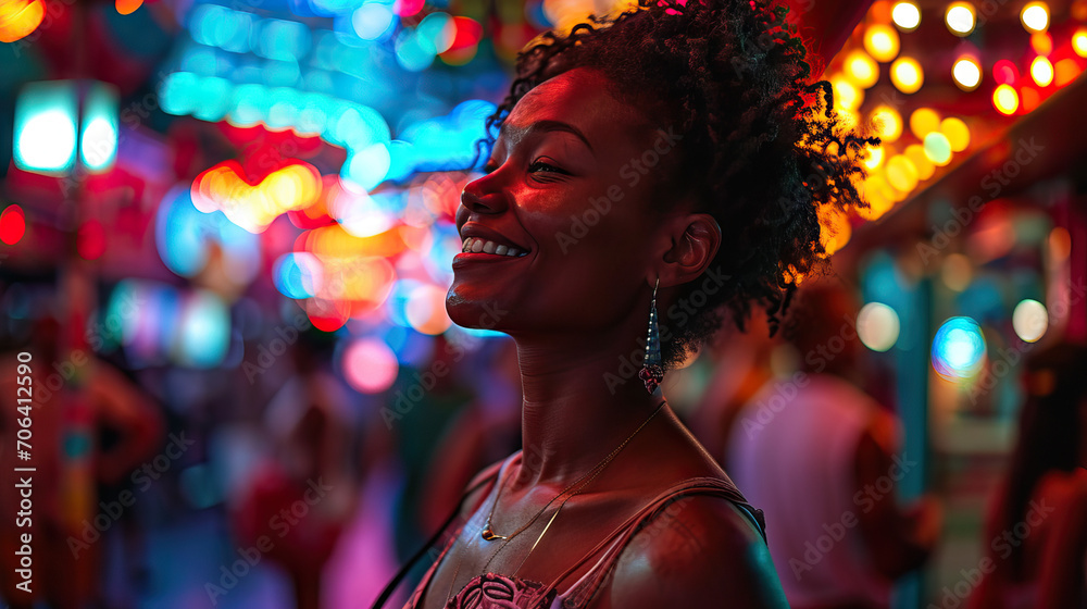 African American Woman at a Las Vegas Casino, Enjoying the Vibrant Atmosphere and Experiencing the Thrill of the Moment with Happiness