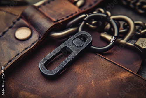 Black titanium carabiner keychain on a dark leather belt