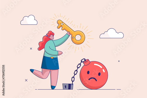 Stress burden. Mental health or depression, getting rid of or escaping from overwhelm. Anxiety or negative thinking, anger or emotional cause of problem, businesswoman with key get rid of depression.