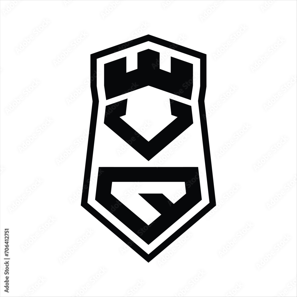 VQ Letter Logo monogram hexagon shield shape up and down with crown castle isolated style design VQ Letter Logo monogram hexagon shield shape up and down with crown castle isolated style design