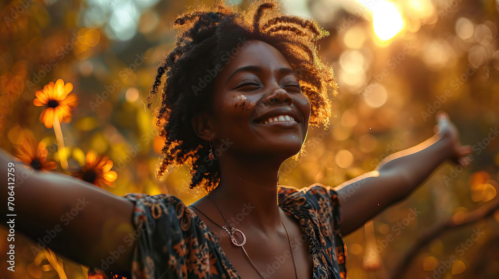 African American Woman with Arms Outstretched, Celebrating with Friends at the Park, Embracing the Moment with Happiness and Togetherness