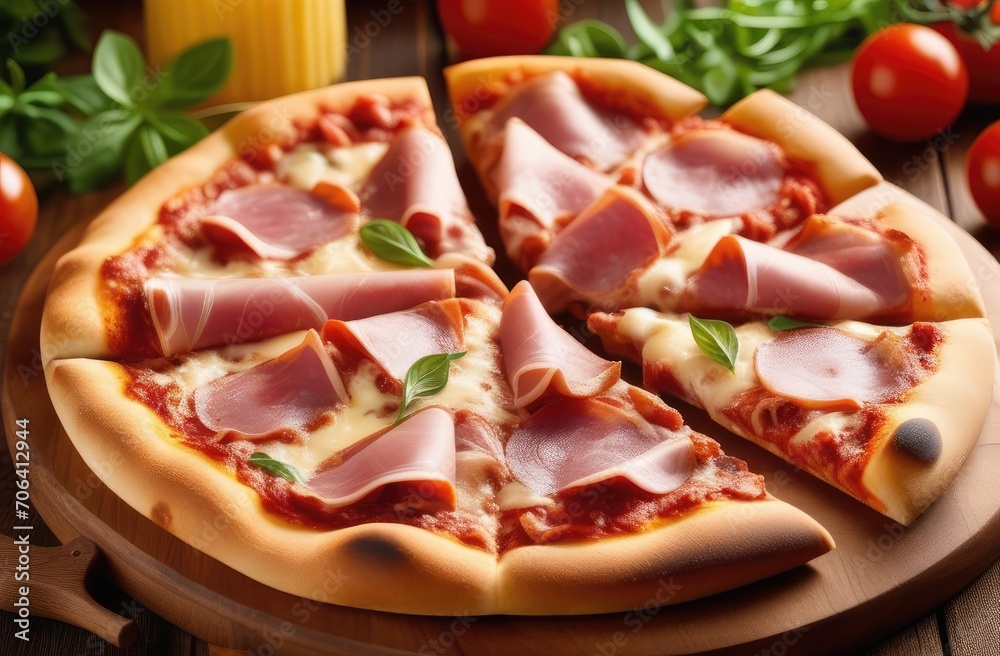Savory meat pizza topped with juicy ham on wooden cutting board on table. Italian traditional food.