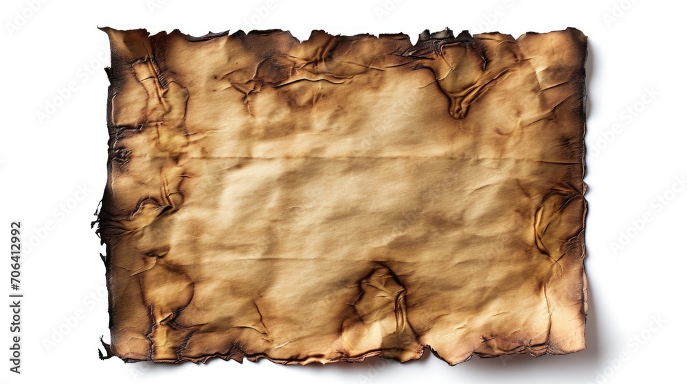 A piece of burnt paper on a white surface. Can be used to depict destruction, loss, or the aftermath of a fire. Suitable for backgrounds or conceptual designs