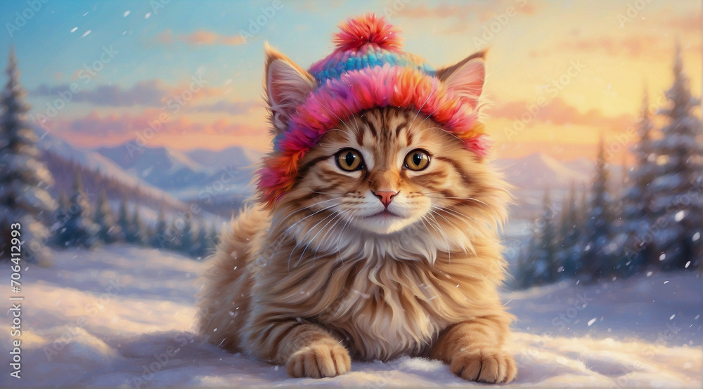 A cute brown cat sitting on a snow field wearing a colorful fur hat in a snowy forest. beautiful winter scenery. Generative Ai