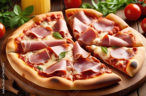 Savory meat pizza topped with juicy ham on wooden cutting board on table. Italian traditional food.