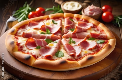 Wooden cutting board with flavorful meat pizza adorned with succulent ham. Italian traditional food.
