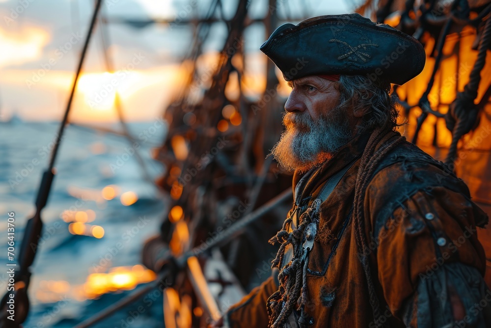 An old pirate in traditional clothes looks into the distance on board an ancient ship, against the backdrop of a sunset over the sea concept: pirates and sea adventures