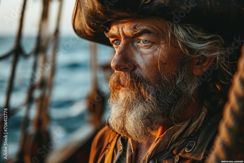 A close-up portrait of a man dressed as a pirate with a fixed gaze, detailing his deep eyes, well-groomed beard and mustache, and leather headdress