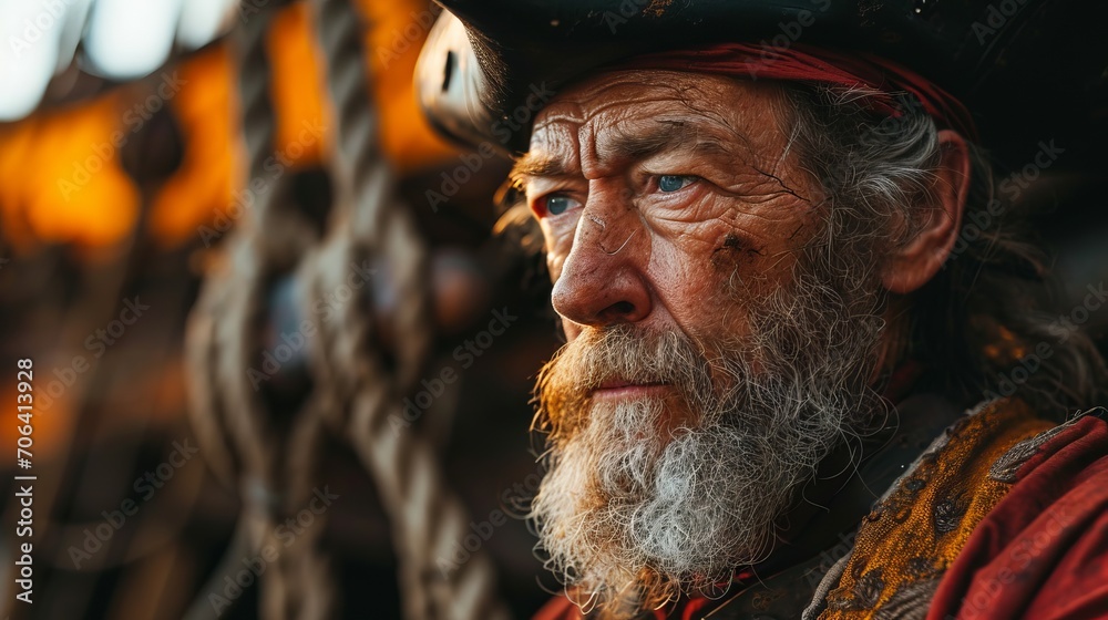 A close-up portrait of a man dressed as a pirate with a fixed gaze, detailing his deep eyes, well-groomed beard and mustache, and leather headdress