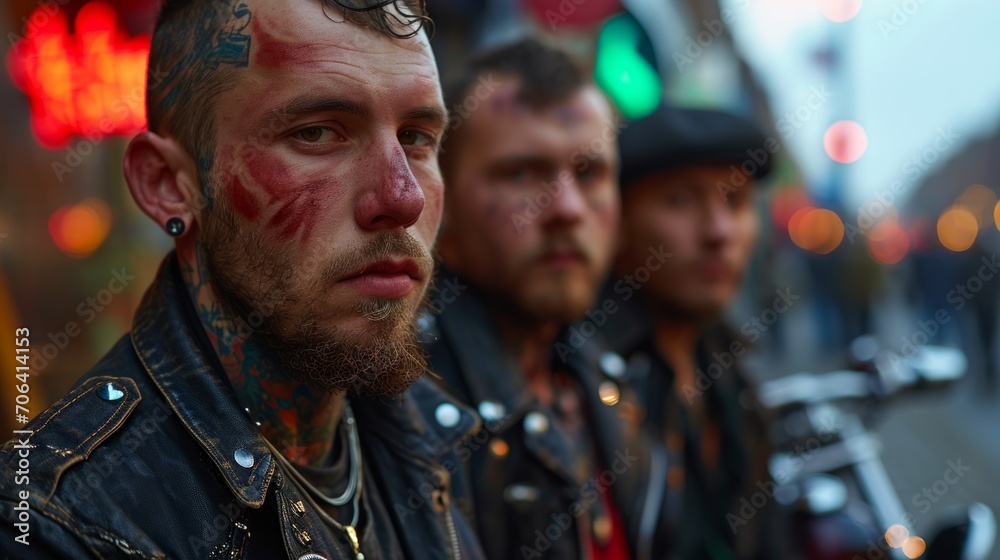 Portrait of a young man with tattoos and a leather jacket, standing out against the background of two fellow bikers. concept: for articles about subcultures, freedom of expression and motorcycle clubs Portrait of a young man with tattoos and a leather jacket, standing out against the background of two fellow bikers. concept: for articles about subcultures, freedom of expression and motorcycle clubs